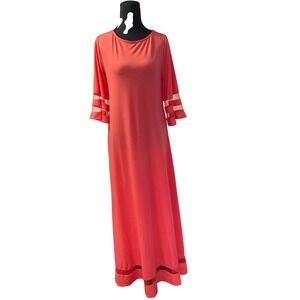 Studio EY Maxi Dress Women Small Coral Pink Mesh Trim Bell Sleeve A Line